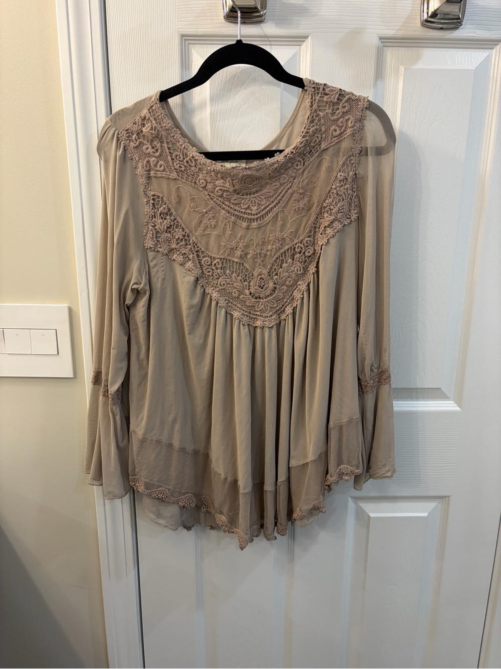 Taupe Lace Yoke Long-Sleeve Tunic- Dress this up or down! Flattering neckline.